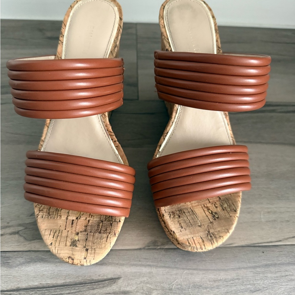 Kenneth Cole New York Tan Double-Strap Cork Wedge Slides